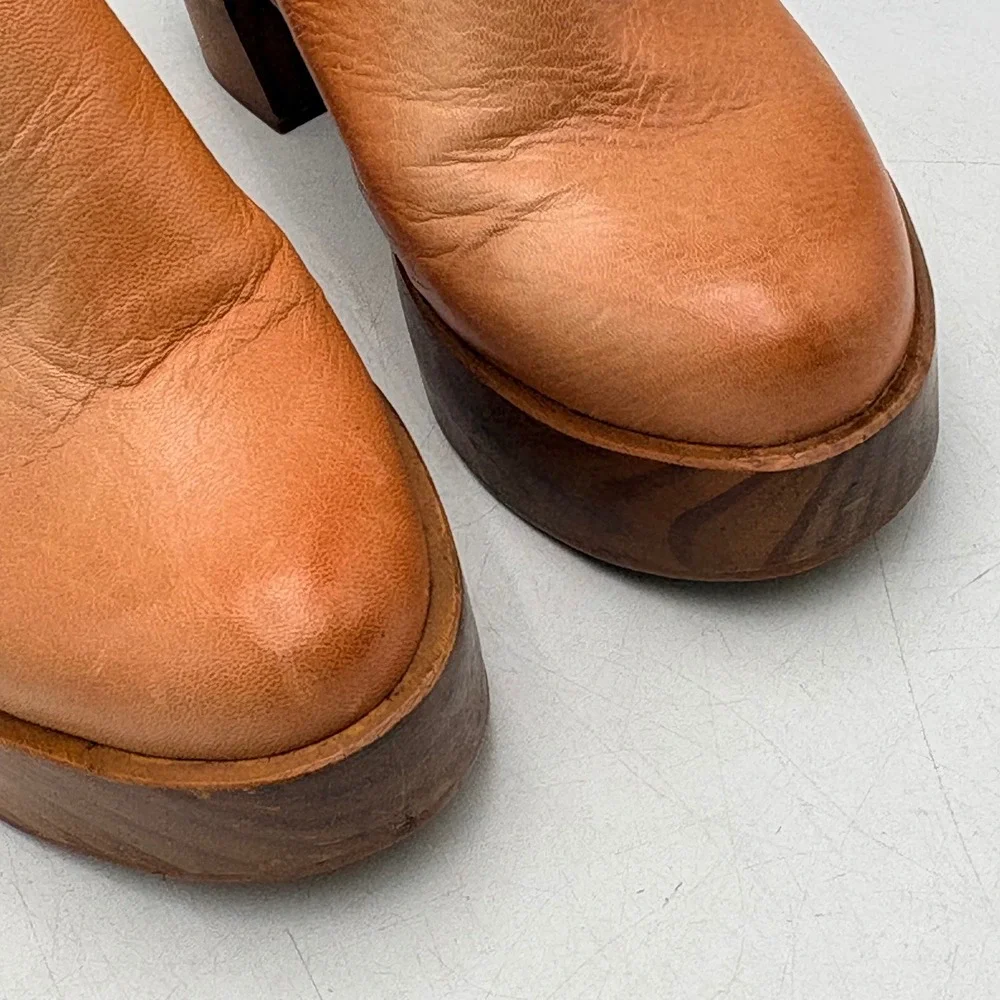 Free People Leather Platform Clog Mules Women 6.5 Tan Wood Block Heel EUR 36.5